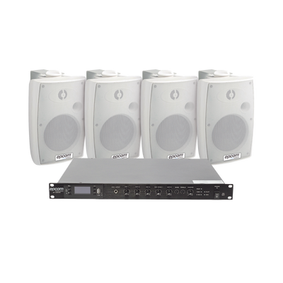 KIT de Amplificador de Audio 120W para Rack | 4 Altavoces de Pared color Blanco 2.5W - 20W | Sistema 70/100V