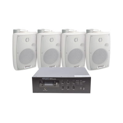 KIT de Amplificador de 120W para Escritorio | 4 Altavoces de Pared color Blanco 2.5W - 20W | Sistema 70/100V