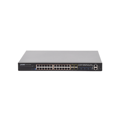 Switch Administrable L3 Stacking 10/100/1000T 24 puertos PoE802.3at, 4 puertos 10G SFP+ 370 W