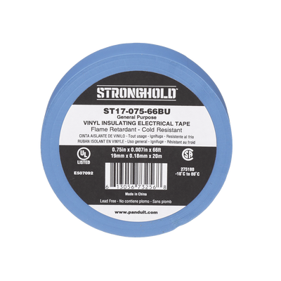 Cinta Eléctrica STRONGHOLD para Aislar, de PVC, Uso General Reparación y Mantenimiento, Grosor de 0.18mm (7 mil), Ancho de 19mm, y 20.12m de Largo, Color Azul