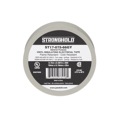 Cinta Eléctrica STRONGHOLD para Aislar, de PVC, Uso General Reparación y Mantenimiento, Grosor de 0.18mm (7 mil), Ancho de 19mm, y 20.12m de Largo, Color Gris