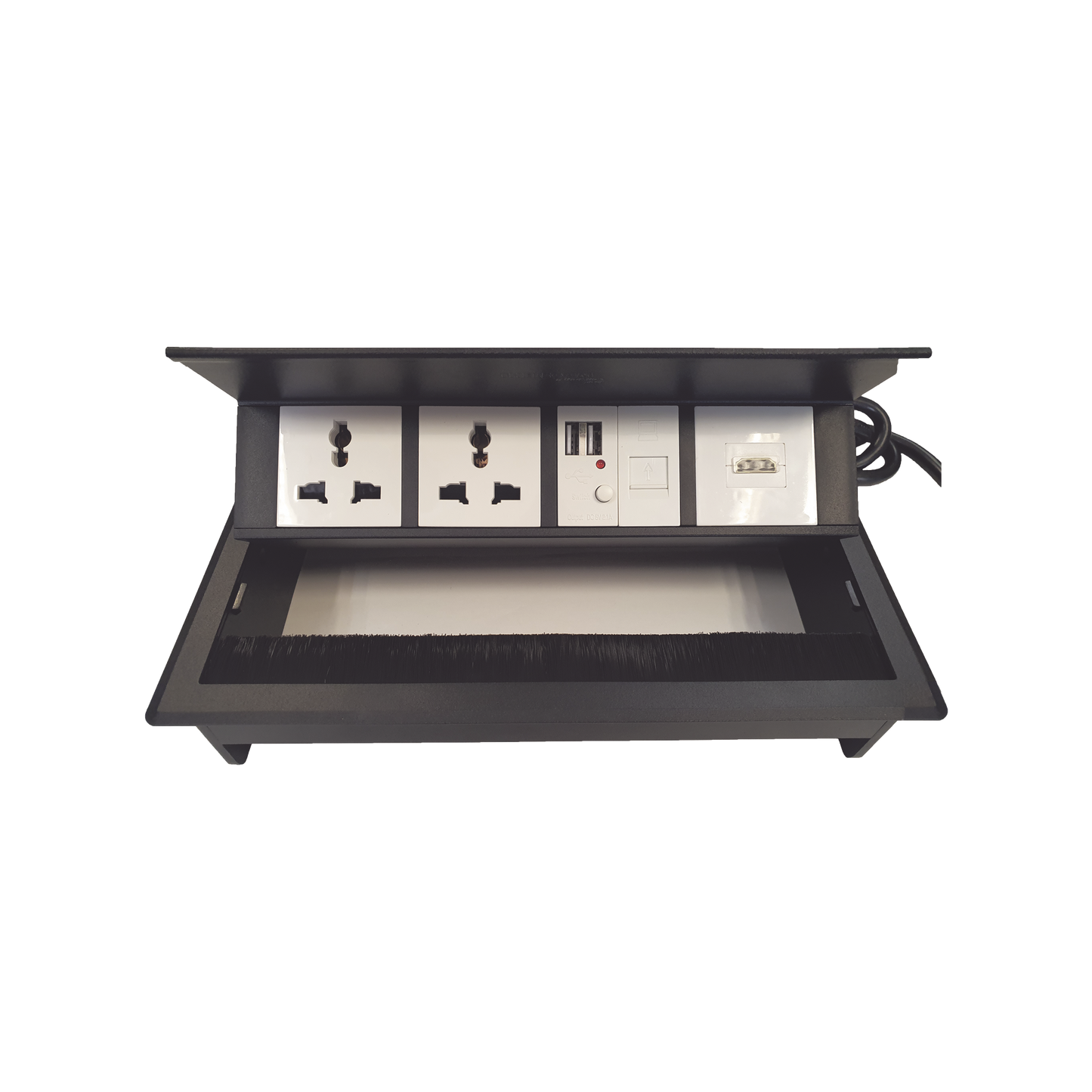 Caja Horizontal tipo Hub para escritorio color negro, con 1 Puerto HDMI Hembra-Hembra, 1 puerto RJ45 Cat6,  2 Puertos USB (Solo carga),  y 2 Contactos eléctricos universales