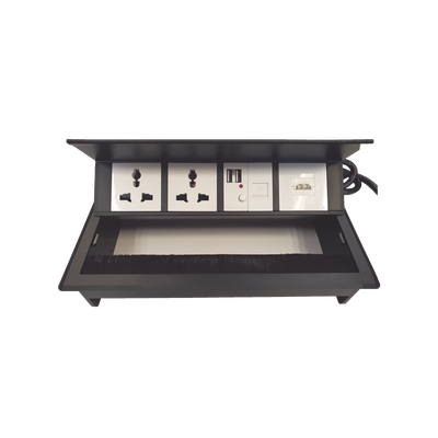 Caja Horizontal tipo Hub para escritorio color negro, con 1 Puerto HDMI Hembra-Hembra, 1 puerto RJ45 Cat6,  2 Puertos USB (Solo carga),  y 2 Contactos eléctricos universales