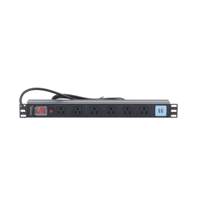 Tomacorriente Horizontal (PDU) de 6 contactos (NEMA 5-15R) + 2 USB para instalación en Rack de 19", 1UR, 125 Vca/ 15 A (THE0040091001001)