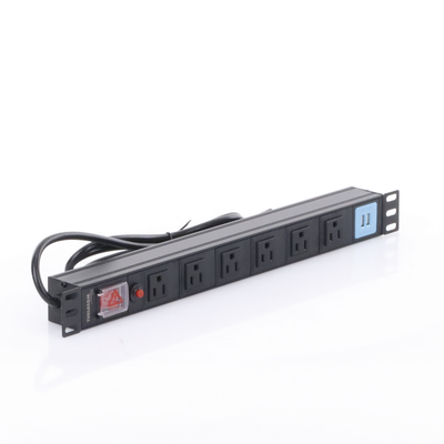 Tomacorriente Horizontal (PDU) de 6 contactos (NEMA 5-15R) + 2 USB para instalación en Rack de 19", 1UR, 125 Vca/ 15 A (THE0040091001001)