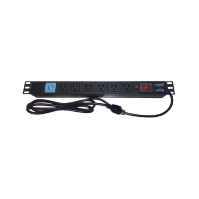 Tomacorriente Horizontal (PDU) de 6 contactos (NEMA 5-15R) + 2 USB para instalación en Rack de 19", 1UR, 125 Vca/ 15 A (THE0040091001001)