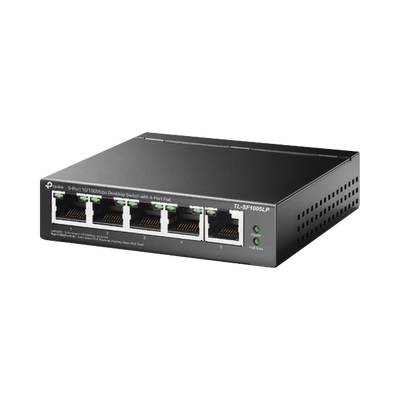 Switch PoE No Administrable de Escritorio / 5 puertos 10/100 Mbps / 4 puertos PoE af / Presupuesto 41 W / Modo extensor PoE hasta 250 metros / Calidad video prioritaria