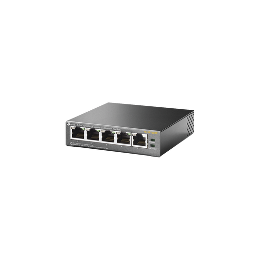 Switch PoE no Administrable de escritorio / 5 puertos 10/100 Mbps / 4 puertos PoE af/at / Presupuesto 67 W / Modo Extensor hasta 250 m / Calidad video prioritaria