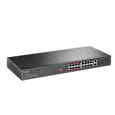 Switch PoE+ No Administrable de 16 puertos 10/100 Mbps / 2 puertos 10/100/1000 Mbps en Combo con 2 Puertos SFP / Presuuesto PoE 250 W / Extensor PoE de hasta 250 metros