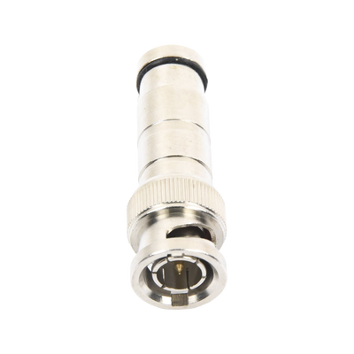 Conector BNC Macho en 75 Ohm, de Compresión Axial para Cable Coaxial RG-59/U, Níquel/ Oro/ Politetrafluoroetileno.