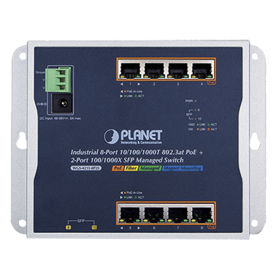 Switch Industrial PoE Administrable de Pared Capa 2, 8 Puertos Gigabit PoE 802.3at y 2 Puertos 100/1000X SFP