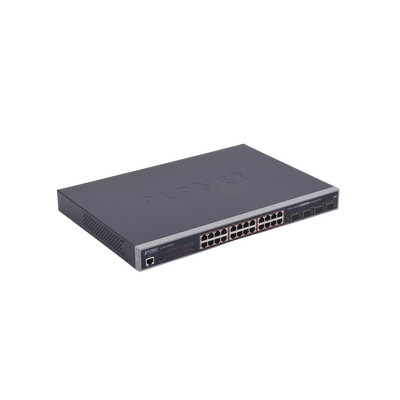 Switch Administrable L2+ de 24 puertos 10/100/1000T PoE+ con 4 puertos combo TP/SFP Gigabit