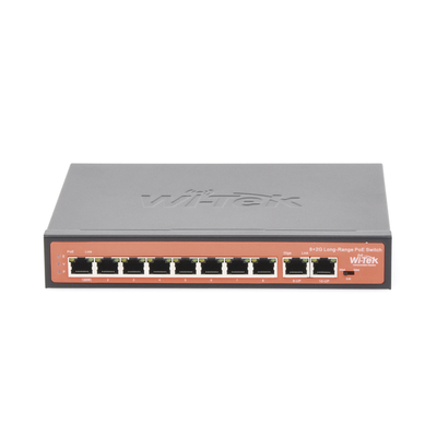 Switch PoE (802.3af/at/bt) / No administrable de largo alcance / Hasta 250m / 8 x 10/100Mbps (PoE) + 2 x Puertos Gigabit Uplink, / Hasta 120 W