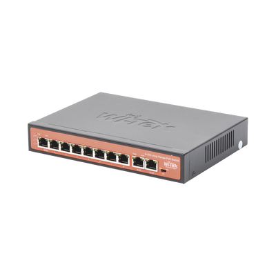 Switch PoE (802.3af/at/bt) / No administrable de largo alcance / Hasta 250m / 8 x 10/100Mbps (PoE) + 2 x Puertos Gigabit Uplink, / Hasta 120 W