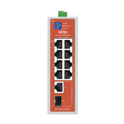 Switch Semi-Industrial / No administrable / 8 puertos 10/100 PoE af/at/bt / 1 puerto Gigabit RJ45 Uplink / 1 puerto SFP Uplink / Presupuesto PoE 110 Watts /