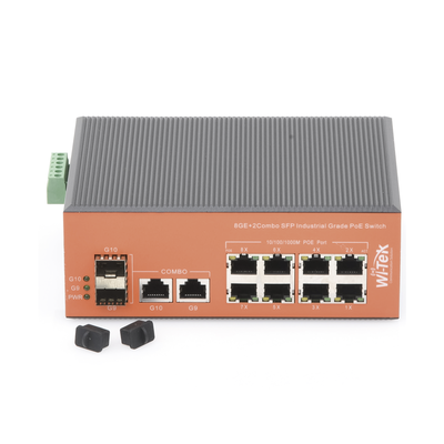 Switch Industrial PoE+ no administrable de 8 Puertos 10/100/1000Mbps + 2 SFP Combo, 150 W