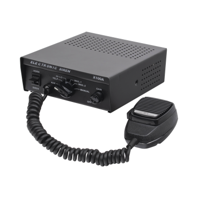 Sirena Vehicular de 100W de Potencia, Con Switch Giratorio de 6 posiciones y Micrófono Integrado de Uso Rudo