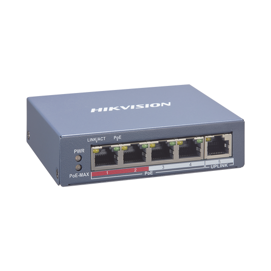 Switch Monitoreable PoE+ / 4 puertos 10/100 Mbps PoE+ / 1 puerto RJ45 Uplink / PoE Hasta 250 Metros / 60 W / Conexión Remota desde Hik-PartnerPro