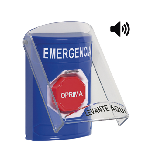Botón de Emergencia con Bocina de Advertencia Integrada, Texto en Español, Tapa Protectora de Policarbonato Súper Resistente, Restablecimiento con Llave